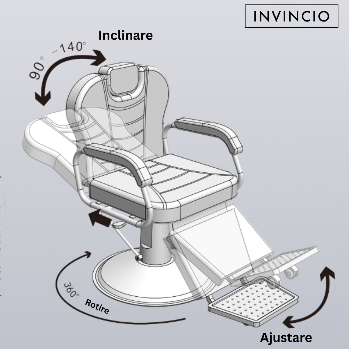 Scaun profesional pentru frizerie si barber shop Invincio™ Plus 2, Rotire la 360 grade, Reglabil pe inaltime, Tetiera reglabila, Culoare Negru