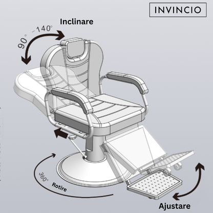 Scaun profesional pentru frizerie si barber shop Invincio™ Plus 2, Rotire la 360 grade, Rabatabil 160 grade, Piston hidraulic, Reglabil pe inaltime, Tetiera reglabila, Piele ecologica, Culoare Negru