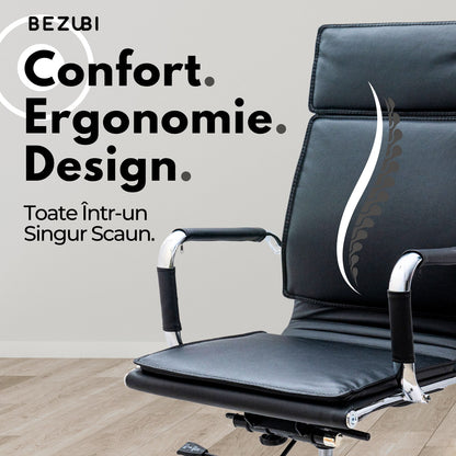 Scaun de birou Bezubi Manager, confortabil, pivotant, ergonomic cu spatar inalt, reglabil pe inaltime si inclinare, tapitat piele ecologica premium, suport pentru brate, cadru cromat, roti silentioase, negru