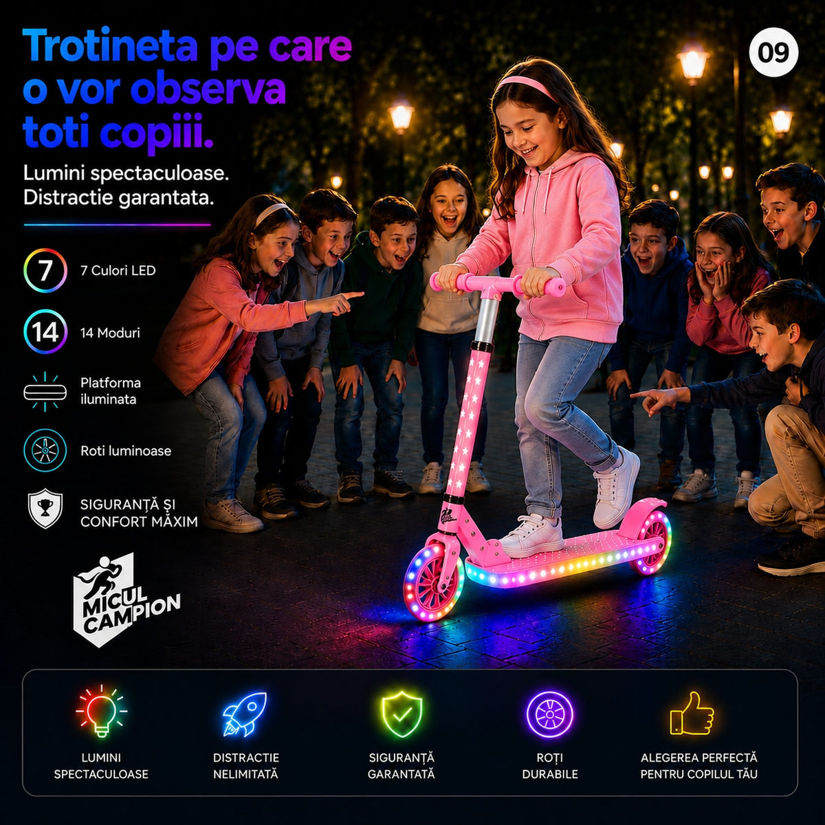 Trotineta copii LED Invincio Micul Campion Pilot, 2-10 ani, pliabila, 2 roti, 7 culori LED, 14 moduri iluminare, platforma anti-derapanta, roti luminoase, ghidon reglabil 3 nivele 76-87 cm, frana spate, cadru rezistent si usor suporta pana la 30kg, Roz