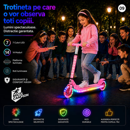 Trotineta copii LED Invincio Micul Campion Pilot, 2-10 ani, pliabila, 2 roti, 7 culori LED, 14 moduri iluminare, platforma anti-derapanta, roti luminoase, ghidon reglabil 3 nivele 76-87 cm, frana spate, cadru rezistent si usor suporta pana la 30kg, Roz