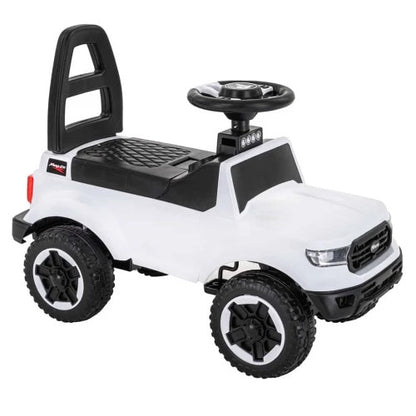 Masinuta Invincio RideOn Ranger, fara pedale, pentru copii 12+ luni, volan cu buton pentru muzica si lumini, spatar siguranta, compartiment depozitare, design tip masina de teren, 4 roti stabile, alba