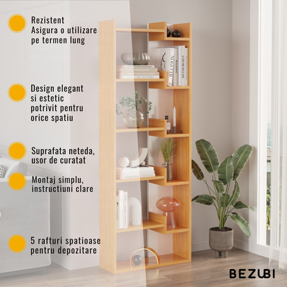 Biblioteca Palermo cu 6 rafturi, design modern, 163 cm inaltime, stil clasic contemporan, corp din PAL melaminat durabil, ideala pentru living, birou sau dormitor, maro