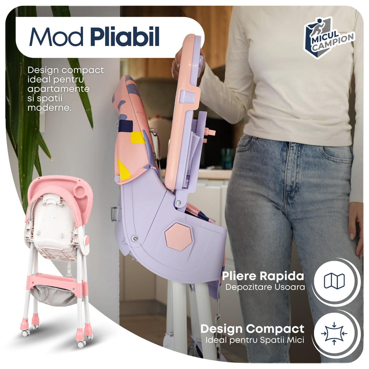 Scaun de Masa Bebelusi INVINCIO Care, Pliabil, 6 Luni +, Stabil si Multifunctional, Spatar si Inaltime Reglabile, Centura Siguranta 5 Puncte, Tavita si Husa Detasabile Lavabile, Roti, Balansoar, Cos Depozitare, Picioare Antiderapante, Roz