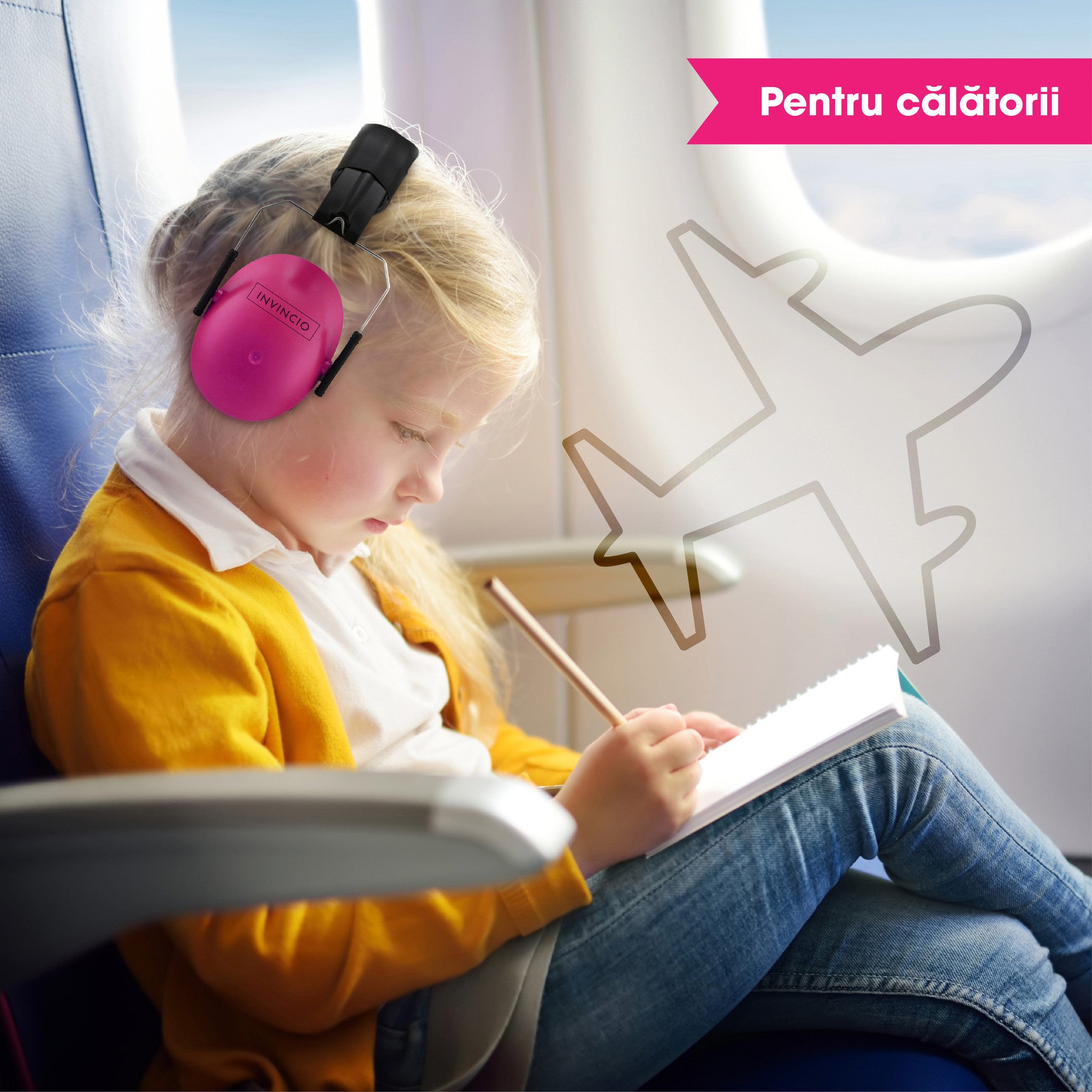 Casti antifoane copii 3-10 ani INVINCIO Safety, marime reglabil, confortabile, ergonomice, captusite, usoare, pentru protectia auzului, roz mat