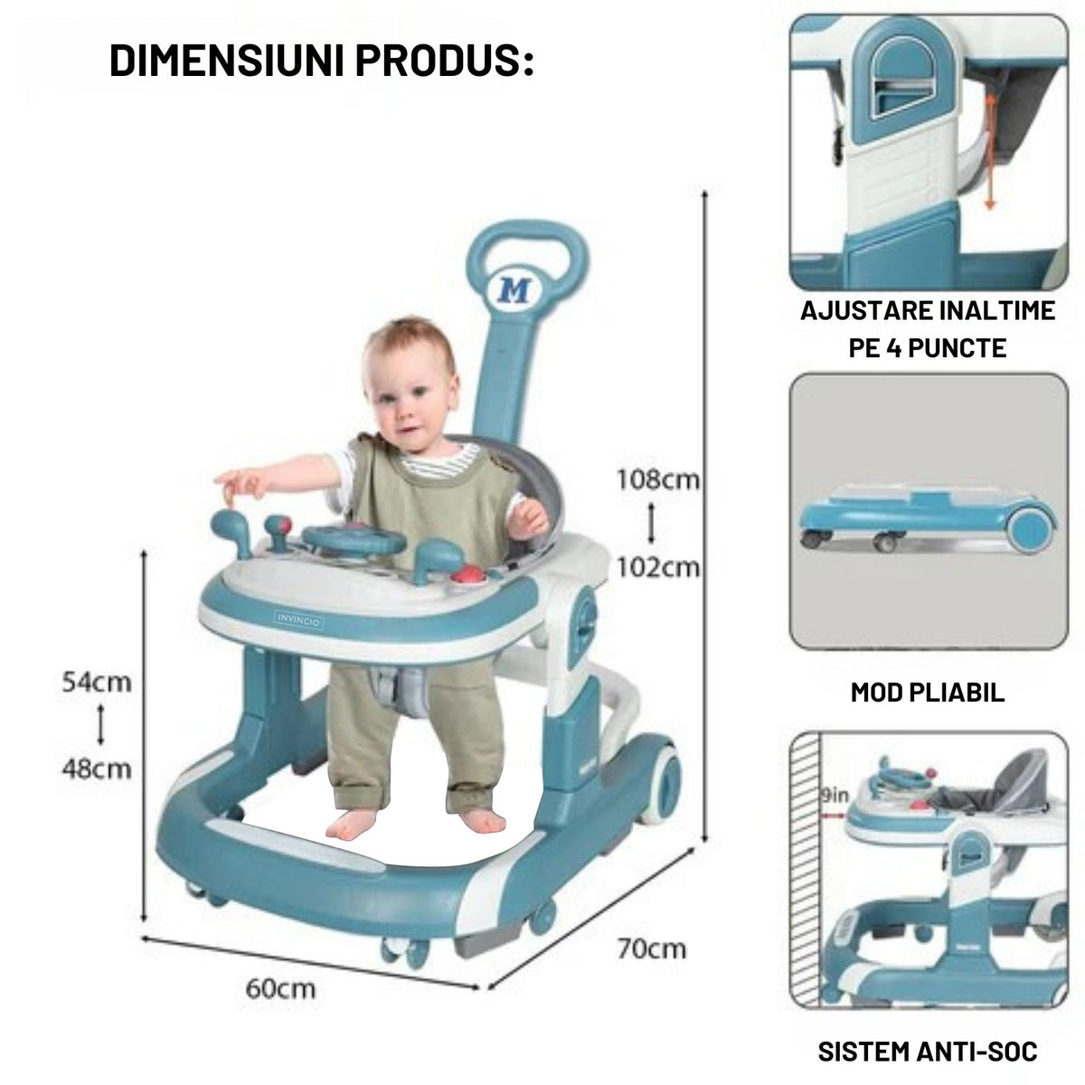 Premergator 4 in 1 INVINCIO First Steps, copii 6-24luni, Jucarii Motricitate Interactive, Mod Antemergator, roti silentioase, sistem anti-rasturnare, pliabil si ajustabil pe inaltime in 4 nivele, greutate maxima 30 kg, albastru