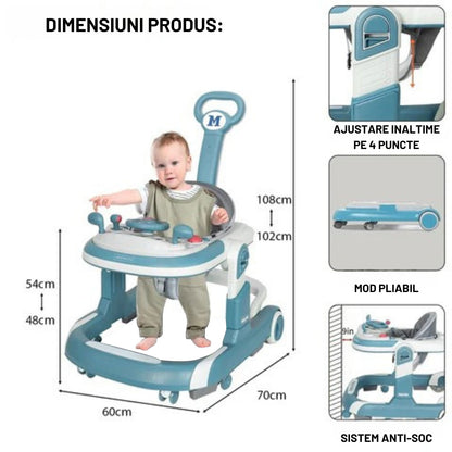 Premergator 4 in 1 INVINCIO First Steps, copii 6-24luni, Jucarii Motricitate Interactive, Mod Antemergator, roti silentioase, sistem anti-rasturnare, pliabil si ajustabil pe inaltime in 4 nivele, greutate maxima 30 kg, albastru
