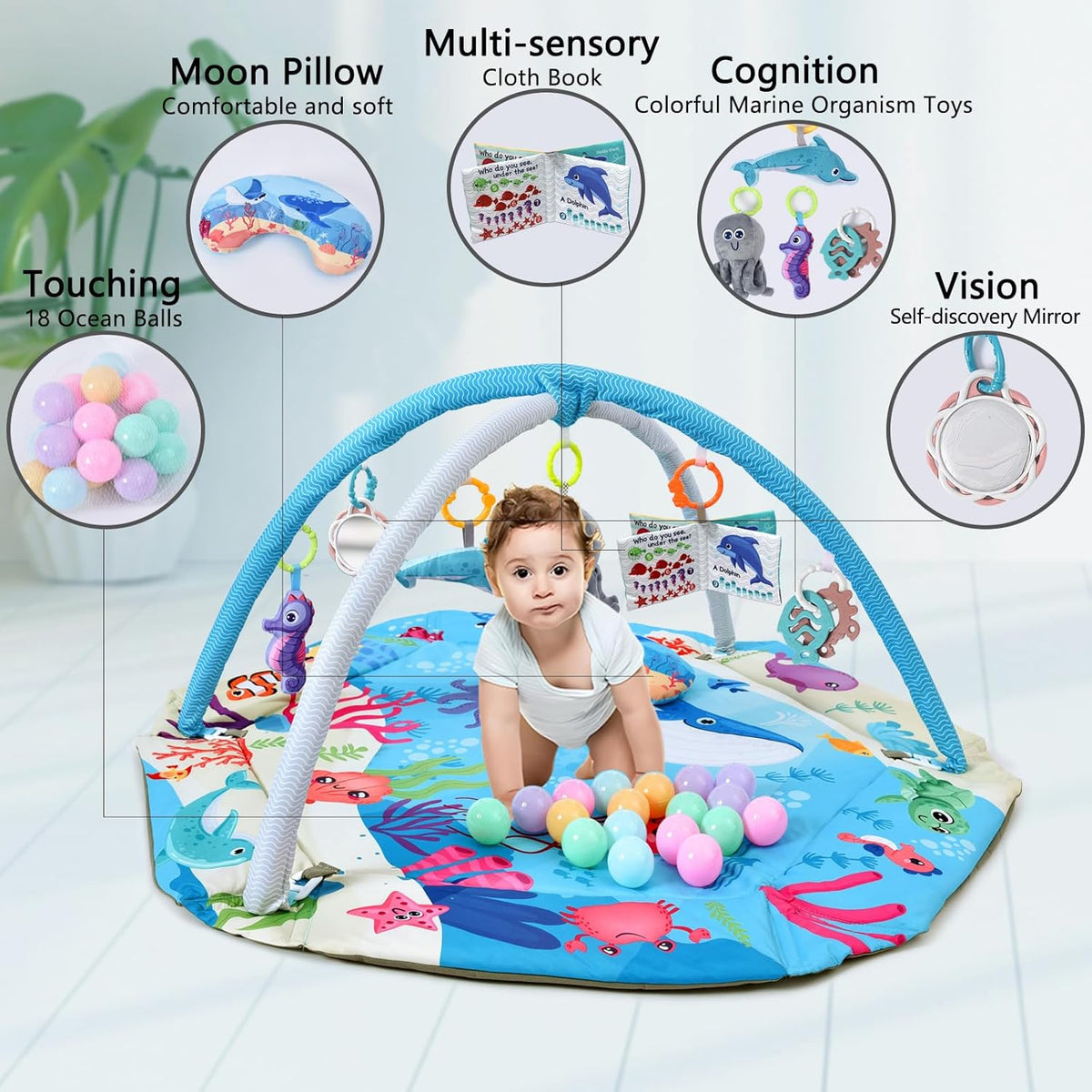 Centru de Activitati, Saltea si Tarc de Joaca, 3 in 1, INVINCIO PlaySafe, cu Perna, 20 de Bile Colorate, 7 Jucarii, Arcade suport zornaitori, Covor Gros si Moale, Lavabil, Culori multiple