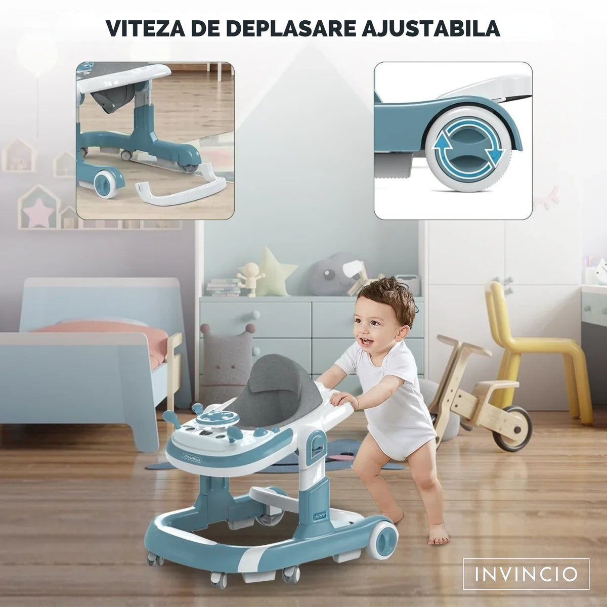 Premergator 4 in 1 INVINCIO First Steps, copii 6-24luni, Jucarii Motricitate Interactive, Mod Antemergator, roti silentioase, sistem anti-rasturnare, pliabil si ajustabil pe inaltime in 4 nivele, greutate maxima 30 kg, albastru