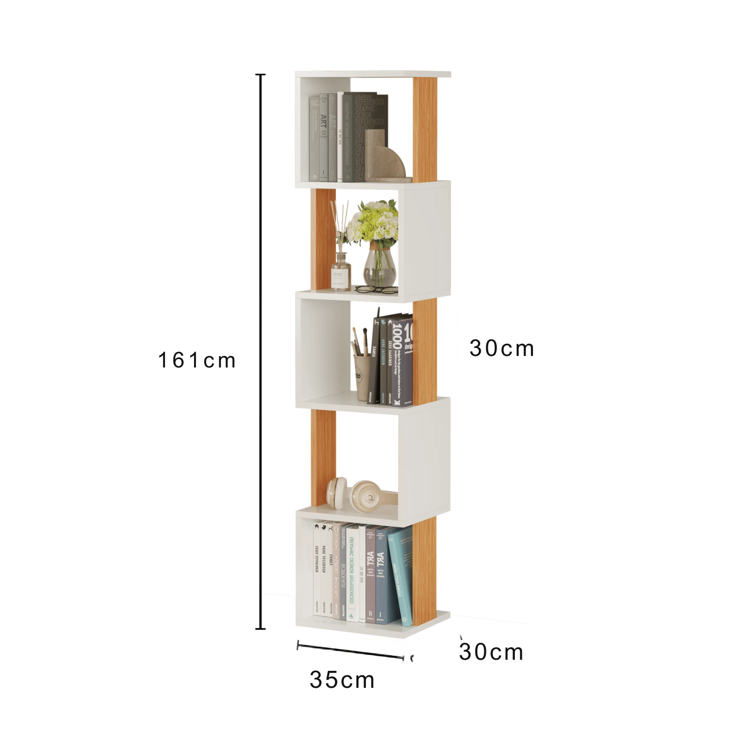 Biblioteca Bezubi Milano, verticala moderna cu 5 rafturi tip cub, dimensiuni 160 x 30 x 35 cm, structura robusta, stil minimalist pentru living sau birou, alb