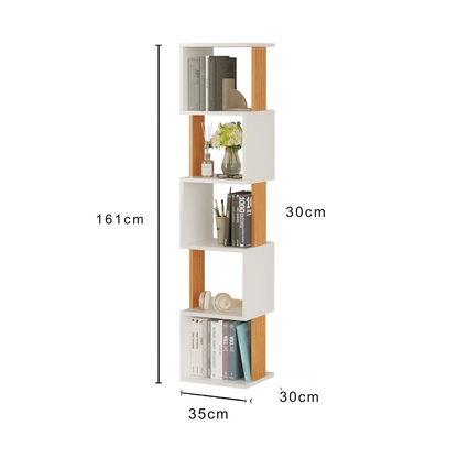 Biblioteca Bezubi Milano, verticala moderna cu 5 rafturi tip cub, dimensiuni 160 x 30 x 35 cm, structura robusta, stil minimalist pentru living sau birou, alb