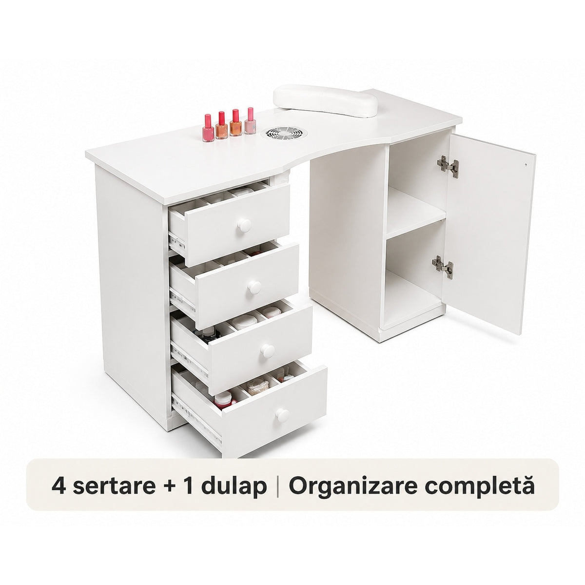 Masa manichiura profesionala Invincio, cu aspirator de praf, 4 sertare si dulap lateral, alb, 120x45x76 cm