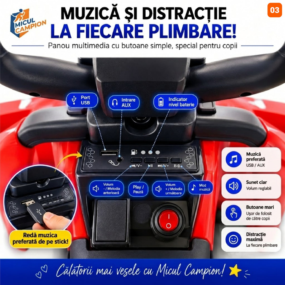 ATV de impins pentru copii Invincio Micul Campion OffRoad 2 in 1, 2-7 ani, maner parental, bara protectie si parasolar detasabile, Faruri functionale, panou muzical USB, suport picioare, max. 30 kg, Rosu