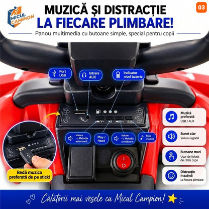 ATV de impins pentru copii Invincio Micul Campion OffRoad 2 in 1, 2-7 ani, maner parental, bara protectie si parasolar detasabile, Faruri functionale, panou muzical USB, suport picioare, max. 30 kg, Rosu