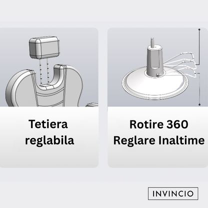 Scaun profesional pentru frizerie si barber shop Invincio™ Plus 2, Rotire la 360 grade, Rabatabil 160 grade, Piston hidraulic, Reglabil pe inaltime, Tetiera reglabila, Piele ecologica, Culoare Negru