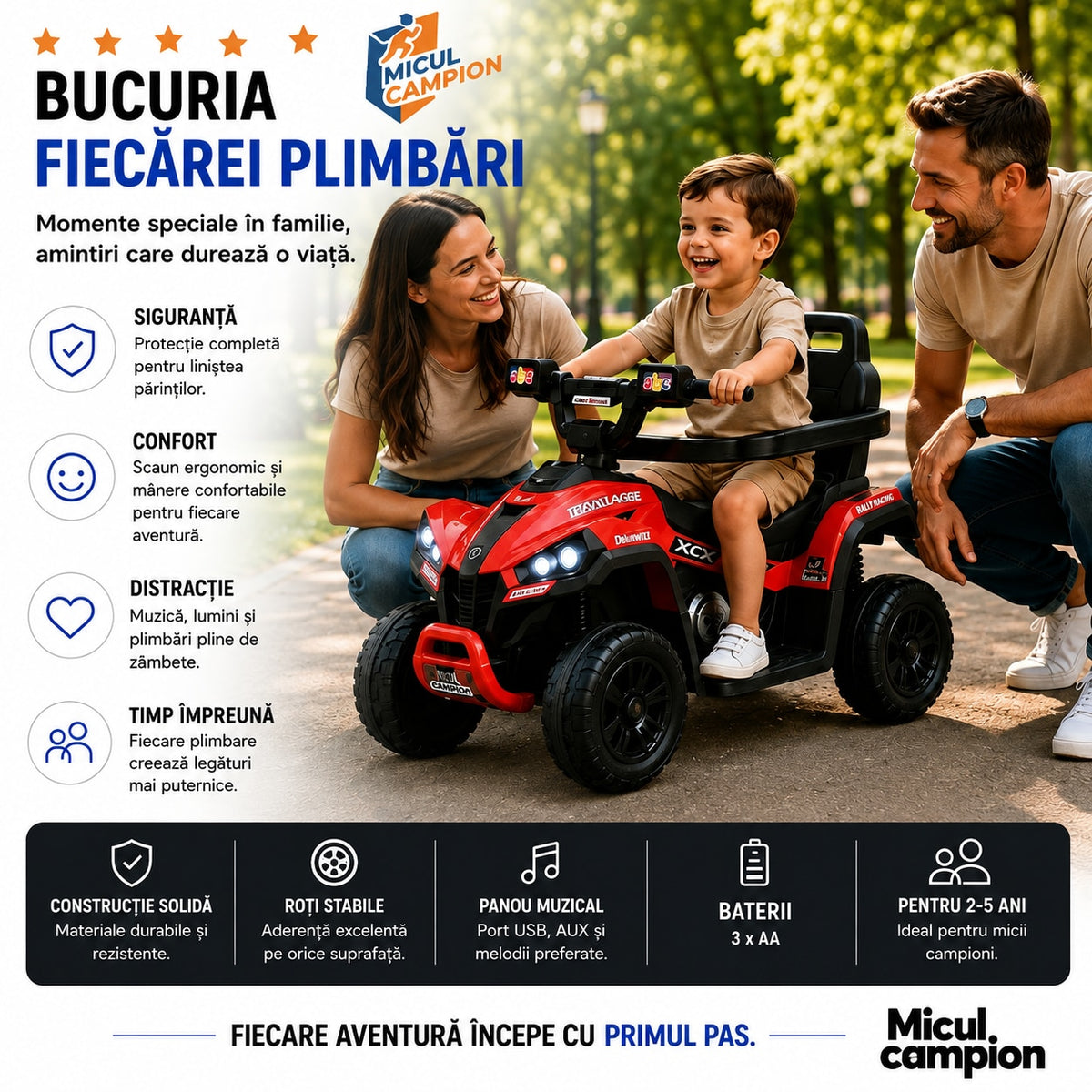 ATV de impins pentru copii Invincio Micul Campion OffRoad 2 in 1, 2-7 ani, maner parental, bara protectie si parasolar detasabile, Faruri functionale, panou muzical USB, suport picioare, max. 30 kg, Rosu