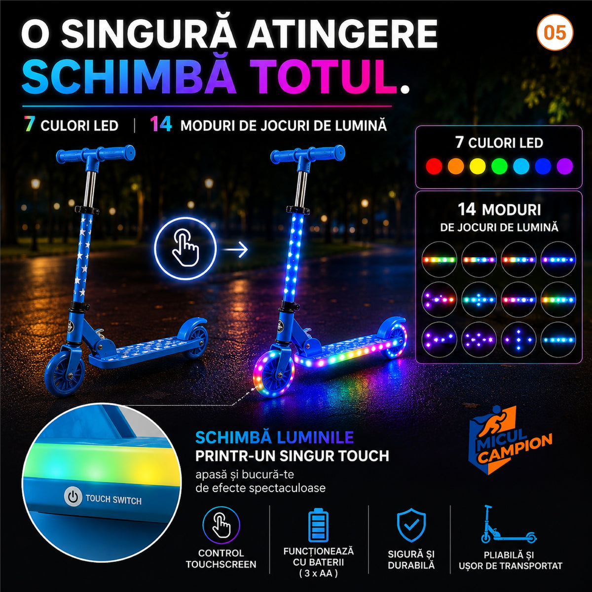 Trotineta copii LED Invincio Micul Campion Pilot, 2-10 ani, pliabila, 2 roti, 7 culori LED, 14 moduri iluminare, platforma anti-derapanta, roti luminoase, ghidon reglabil 3 nivele 76-87 cm, frana spate, cadru rezistent si usor suporta 30kg, Albastra