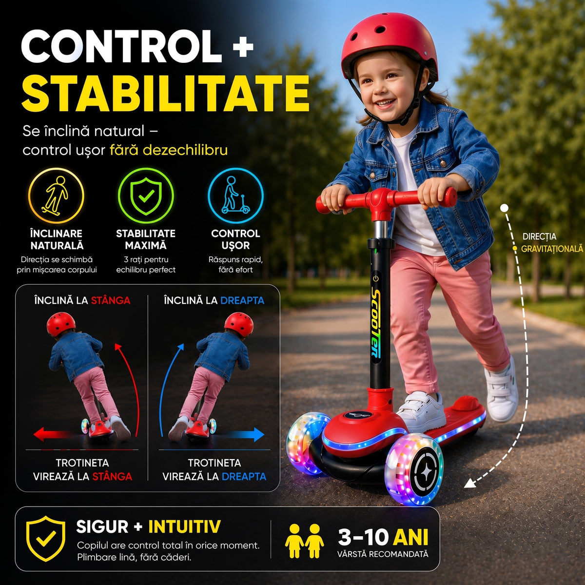 Trotineta Copii 3 Roti Invincio® Happy, Editie cu Lumini LED Complete (Roti/Platforma/Tija), Control Intuitiv prin Inclinare, Materiale Premium Durabile, 3-10 Ani, Rosu Vibrant