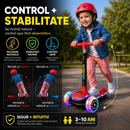 Trotineta Copii 3 Roti Invincio® Happy, Editie cu Lumini LED Complete (Roti/Platforma/Tija), Control Intuitiv prin Inclinare, Materiale Premium Durabile, 3-10 Ani, Rosu Vibrant