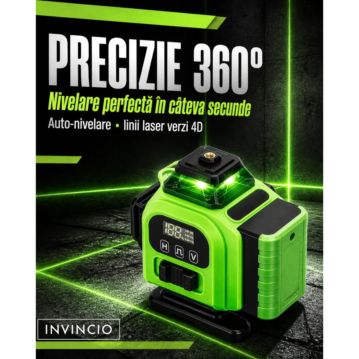 Nivela cu laser verde INVINCIO 4D cu telecomanda, 16 linii orizontal, vertical, perimetral, trepied si prindere magnetica, cumpana uz interior si exterior, auto-nivelare +/-3grade, rotire 360 grade, 2 acumulatori de schimb