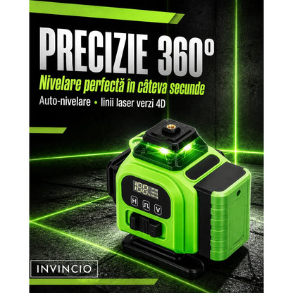 Nivela cu laser verde INVINCIO 4D cu telecomanda, 16 linii orizontal, vertical, perimetral, trepied si prindere magnetica, cumpana uz interior si exterior, auto-nivelare +/-3grade, rotire 360 grade, 2 acumulatori de schimb