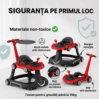Premergator Invincio Micul Campion Driver, Lumini si 5 Melodii educationale in Limba Romana, multifunctional, antemergator, umbrar si maner control parental, reglabil pe inaltime, roti cu frana de siguranta, Rosu Negru
