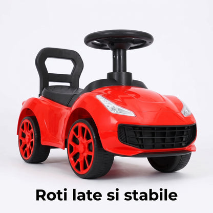 Masina Ride-on INVINCIO Red Speed, pentru copii 2-5 ani, cu muzica si faruri functionale, spatar de siguranta, spatiu depozitare sub scaun, roti late si stabile, rosu ferrari