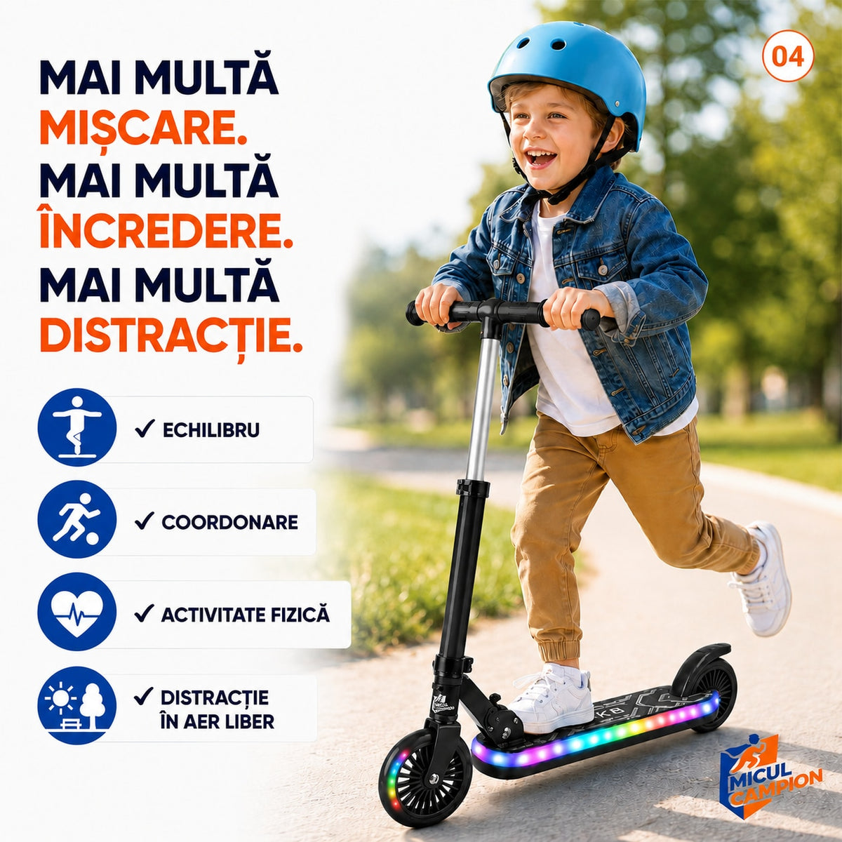 Trotineta copii LED Invincio Micul Campion Pilot, 2-10 ani, pliabila, 2 roti, 7 culori LED, 14 moduri iluminare, platforma anti-derapanta, roti luminoase, ghidon reglabil 3 nivele 76-87 cm, frana spate, cadru rezistent si usor suporta pana la 30kg, Negru