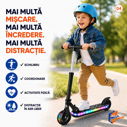 Trotineta copii LED Invincio Micul Campion Pilot, 2-10 ani, pliabila, 2 roti, 7 culori LED, 14 moduri iluminare, platforma anti-derapanta, roti luminoase, ghidon reglabil 3 nivele 76-87 cm, frana spate, cadru rezistent si usor suporta pana la 30kg, Negru