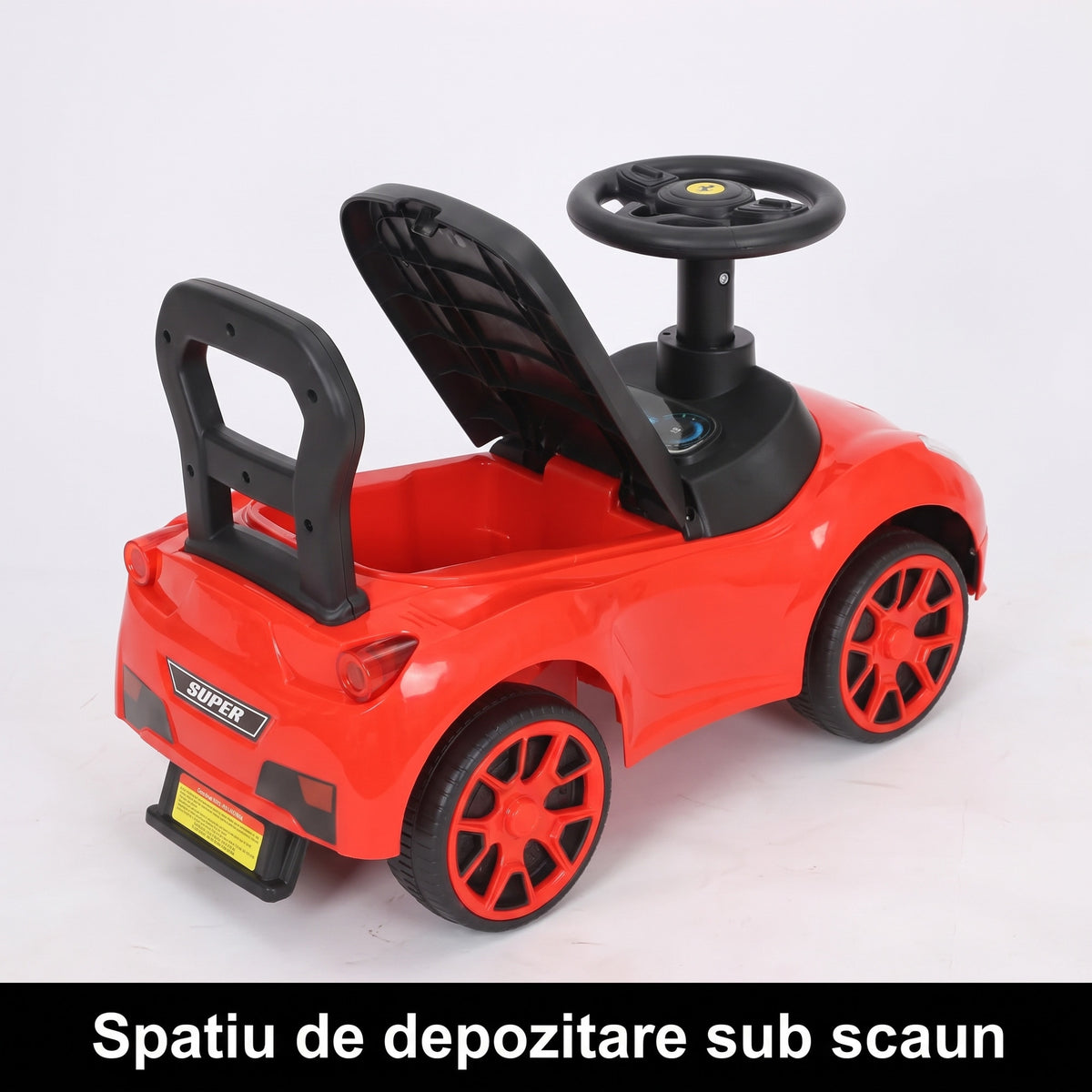 Masina Ride-on INVINCIO Red Speed, pentru copii 2-5 ani, cu muzica si faruri functionale, spatar de siguranta, spatiu depozitare sub scaun, roti late si stabile, rosu ferrari