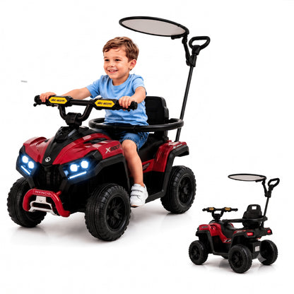 ATV de impins pentru copii Invincio Micul Campion OffRoad 2 in 1, 2-7 ani, maner parental, bara protectie si parasolar detasabile, Faruri functionale, panou muzical USB, suport picioare, max. 30 kg, Rosu