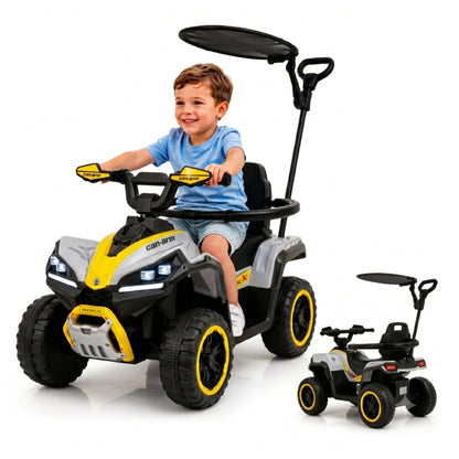 ATV de impins pentru copii Invincio Micul Campion OffRoad 2 in 1, 2-7 ani, maner parental, bara protectie si parasolar detasabile, Faruri functionale, panou muzical USB, suport picioare, max. 30 kg, Alb