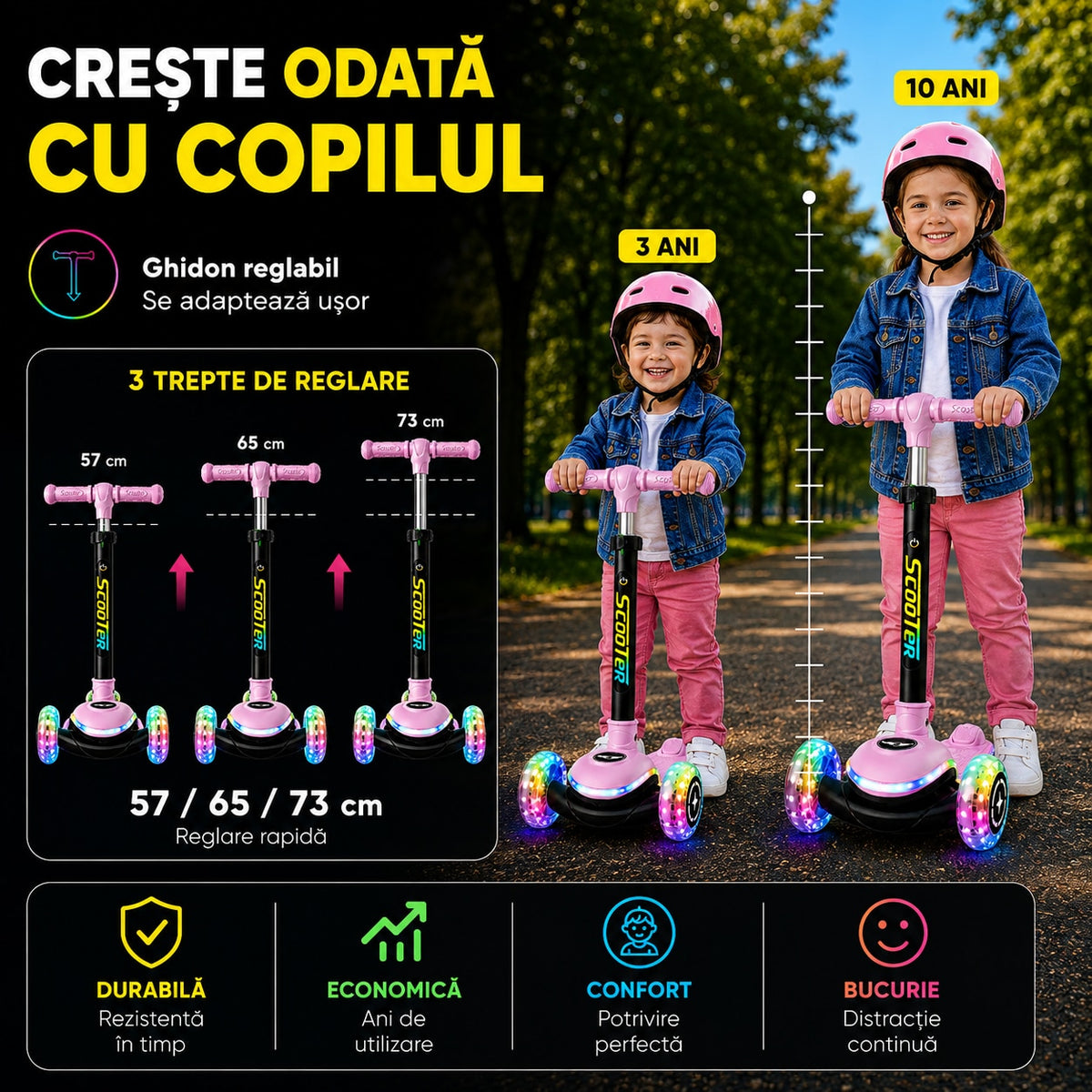 Trotineta cu 3 Roti pentru Copii Invincio® Happy, Lumini LED Interactive pe Platforma, Roti si Tija, Ghidon pliabil si Reglabil pe inaltime, Mecanism Inclinare naturala, 3-10 Ani, Roz Pastel