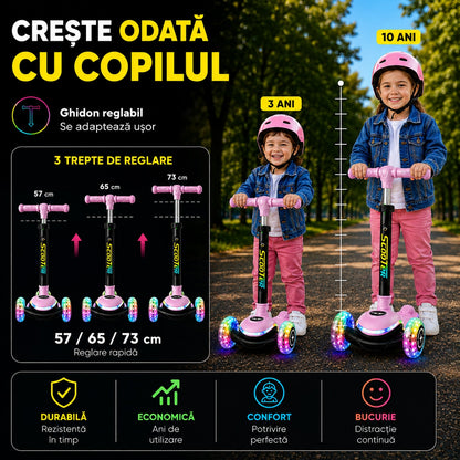 Trotineta cu 3 Roti pentru Copii Invincio® Happy, Lumini LED Interactive pe Platforma, Roti si Tija, Ghidon pliabil si Reglabil pe inaltime, Mecanism Inclinare naturala, 3-10 Ani, Roz Pastel