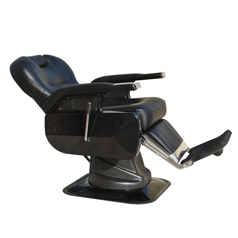 Scaun profesional pentru frizierie Invincio ProBarber 2, versatil, materiale premium, structura otel cromat, disc galvanizat, piston hidraulic, rotire la 360 de grade, spatar rabatabil, inaltime reglabila, piele ecologica, negru mat