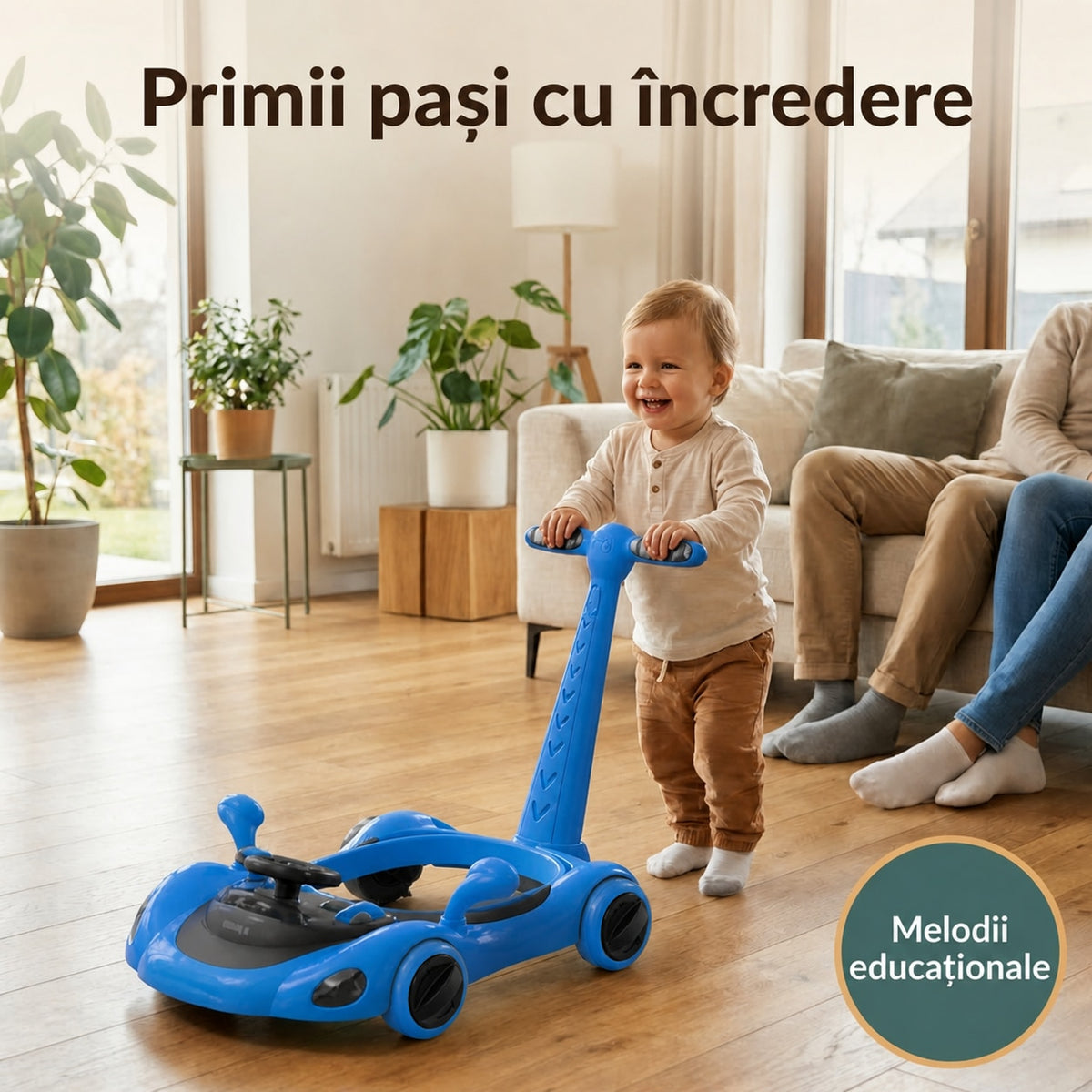 Premergator Invincio Micul Campion Driver, Lumini si 5 Melodii educationale in Limba Romana, multifunctional, antemergator, umbrar si maner control parental, reglabil pe inaltime, roti cu frana de siguranta, albastru negru