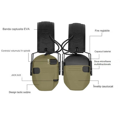 Casti Tactice Antifon INVINCIO® W1, Reducere Zgomot si Protectie Auditiva, Pliabile, Filtrare Zgomot Ambiental si Sensibilitate Reglabila, Doua Microfoane, Conectare Audio prin Jack, pentru Vanatoare, Poligon, Paintball, Airsoft, camuflaj verde