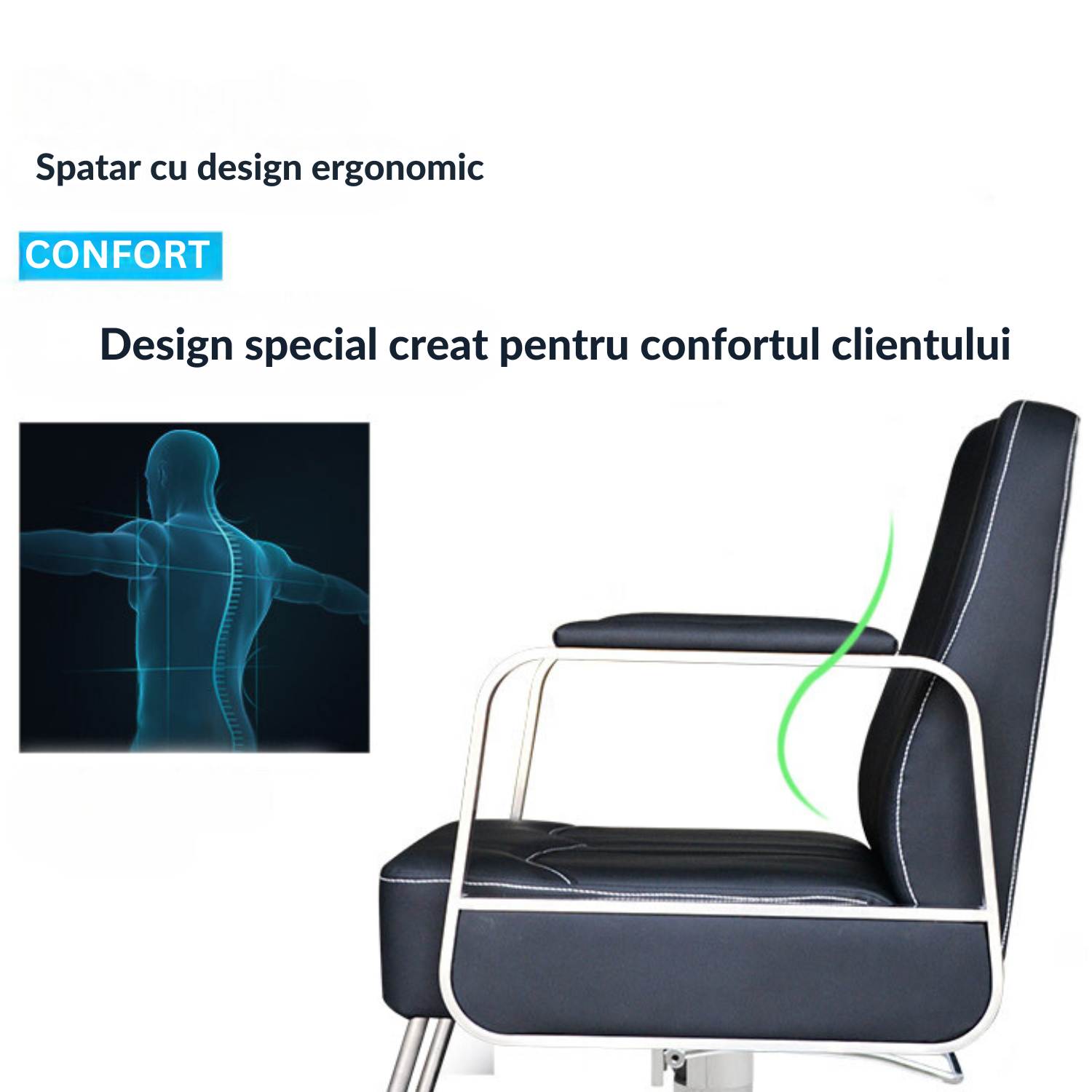 Scaun profesional Invincio EasyWay, design ergonomic, pentru salone de coafor, frizerie, tatuaj, piston hidraulic, rotire la 360 de grade, piele ecologica, inaltime reglabila, negru argintiu