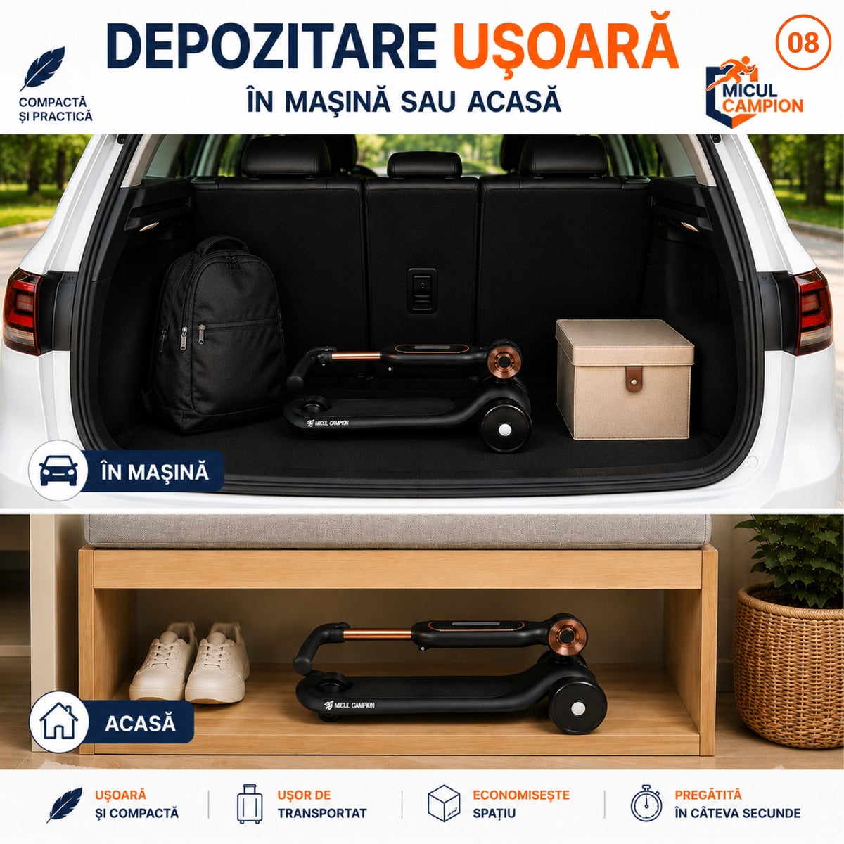 Trotineta copii 2 in 1 cu scaun INVINCIO Play Micul Campion, Bicicleta de echilibru, 3 roti EVA pline si silentioase, Lumina LED frontala Siguranta Sporita, Ghidon reglabil, Pliabila usor de depozitat si transportat, 2-5 ani, max. 30 kg, Negru