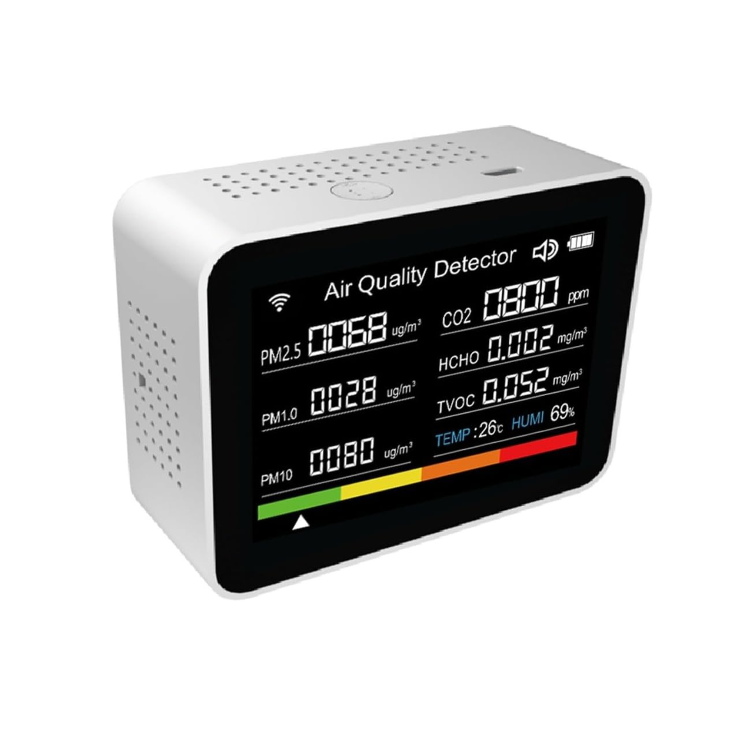 Monitor calitate aer 13-in-1 cu WiFi si aplicatie Invincio Air+, afisaj color, monitorizare PM1/2.5/10, TVOC/HCHO/CO/umiditate/temperatura, acumulator 2000mAh, alarma si ceas integrat, pentru acasa sau birou, alb