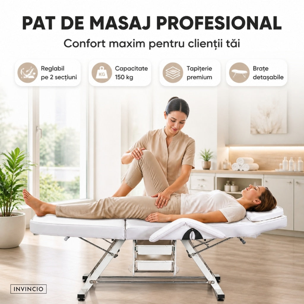 Pat Cosmetica reglabil INVINCIO Profesional, masa SPA, masaj, gene, tatuaje, scaun inclus, spatar si perna picioare reglabile, manere si perna cap detasabile, 2 sertare, 180x60cm, pana la 150kg, usor de curatat, piele ecologica alba