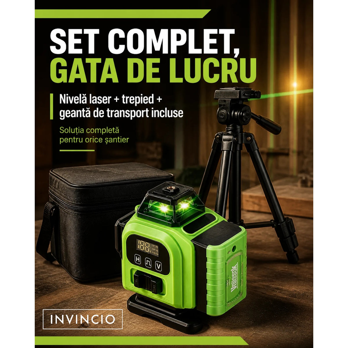 Nivela cu laser verde INVINCIO 4D cu telecomanda, 16 linii orizontal, vertical, perimetral, trepied si prindere magnetica, cumpana uz interior si exterior, auto-nivelare +/-3grade, rotire 360 grade, 2 acumulatori de schimb
