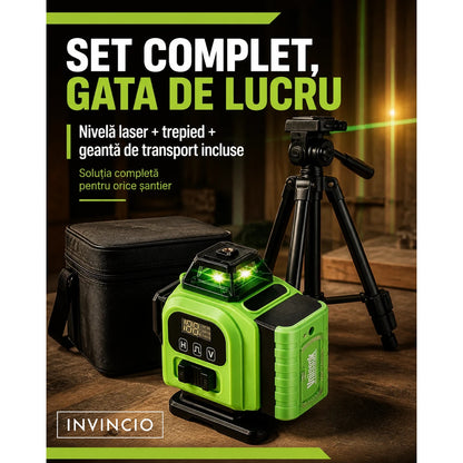 Nivela cu laser verde INVINCIO 4D cu telecomanda, 16 linii orizontal, vertical, perimetral, trepied si prindere magnetica, cumpana uz interior si exterior, auto-nivelare +/-3grade, rotire 360 grade, 2 acumulatori de schimb