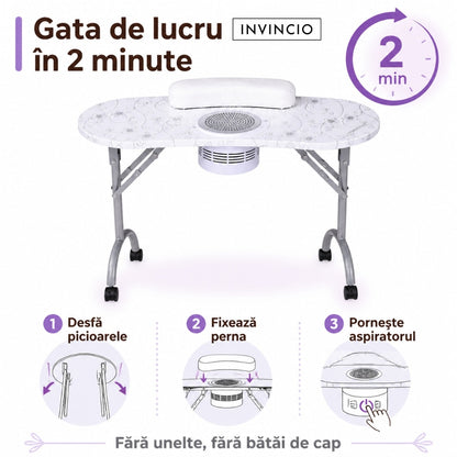Masa pliabila pentru manichiura INVINCIO Practic Style, aspirator praf de unghii de mare putere vortex, perna incheieturi inclusa, roti deplasare, blat spatios usor de curatat, portabila si pliabila, alba