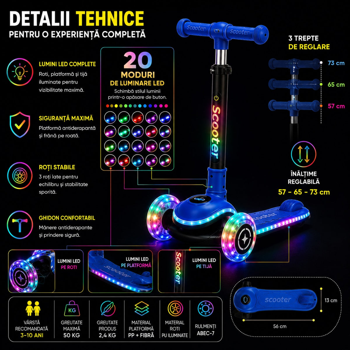 Trotineta 3 Roti Copii Invincio® Happy, 20 Moduri Iluminare LED RGB, Roti Luminoase PU silentioase si aderente, Ghidon Pliabil si Telescopic 3 Trepte, Stabilitate Maxima, Pana la 50kg, 3-10 Ani, Albastru Royal