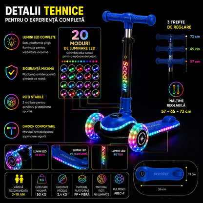 Trotineta 3 Roti Copii Invincio® Happy, 20 Moduri Iluminare LED RGB, Roti Luminoase PU silentioase si aderente, Ghidon Pliabil si Telescopic 3 Trepte, Stabilitate Maxima, Pana la 50kg, 3-10 Ani, Albastru Royal