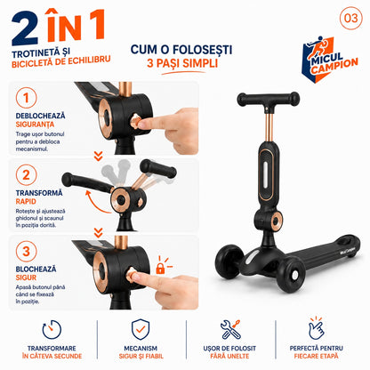 Trotineta copii 2 in 1 cu scaun INVINCIO Play Micul Campion, Bicicleta de echilibru, 3 roti EVA pline si silentioase, Lumina LED frontala Siguranta Sporita, Ghidon reglabil, Pliabila usor de depozitat si transportat, 2-5 ani, max. 30 kg, Negru