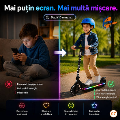 Trotineta copii LED Invincio Micul Campion Pilot, 2-10 ani, pliabila, 2 roti, 7 culori LED, 14 moduri iluminare, platforma anti-derapanta, roti luminoase, ghidon reglabil 3 nivele 76-87 cm, frana spate, cadru rezistent si usor suporta pana la 30kg, Negru