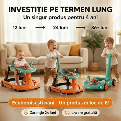 Premergator Invincio Micul Campion Driver, Lumini si 5 Melodii educationale in Limba Romana, multifunctional, antemergator, umbrar si maner control parental, reglabil pe inaltime, roti cu frana de siguranta, Portocaliu Turcoaz