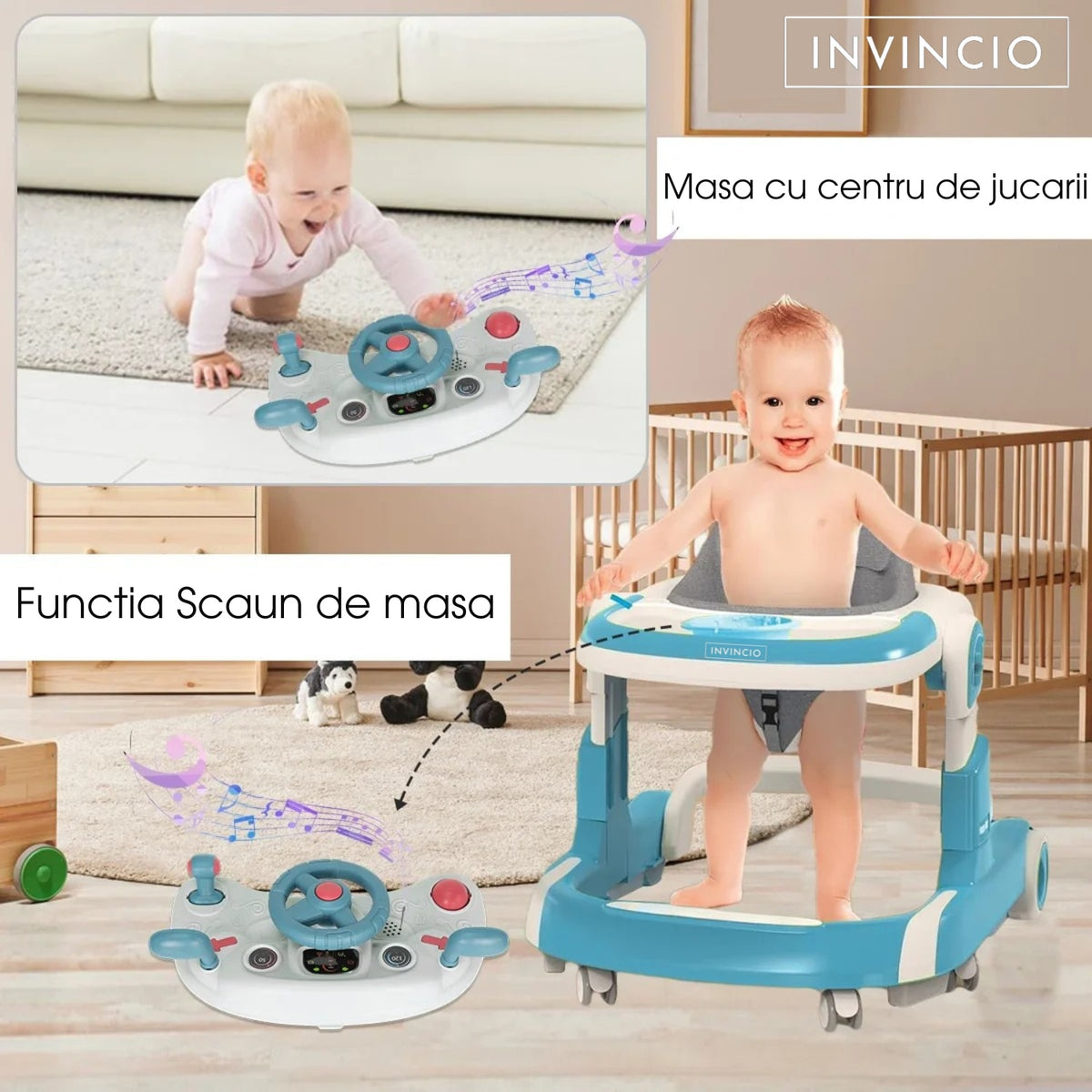 Premergator 4 in 1 INVINCIO First Steps, copii 6-24luni, Jucarii Motricitate Interactive, Mod Antemergator, roti silentioase, sistem anti-rasturnare, pliabil si ajustabil pe inaltime in 4 nivele, greutate maxima 30 kg, albastru